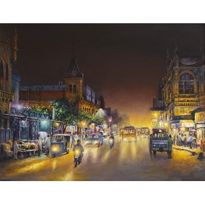 Hanif Shahzad, Denso Hall, M. A. Jinnah Road - Karachi, 27 x 36 Inch, Oil on Canvas, Cityscape Painting, AC-HNS-084